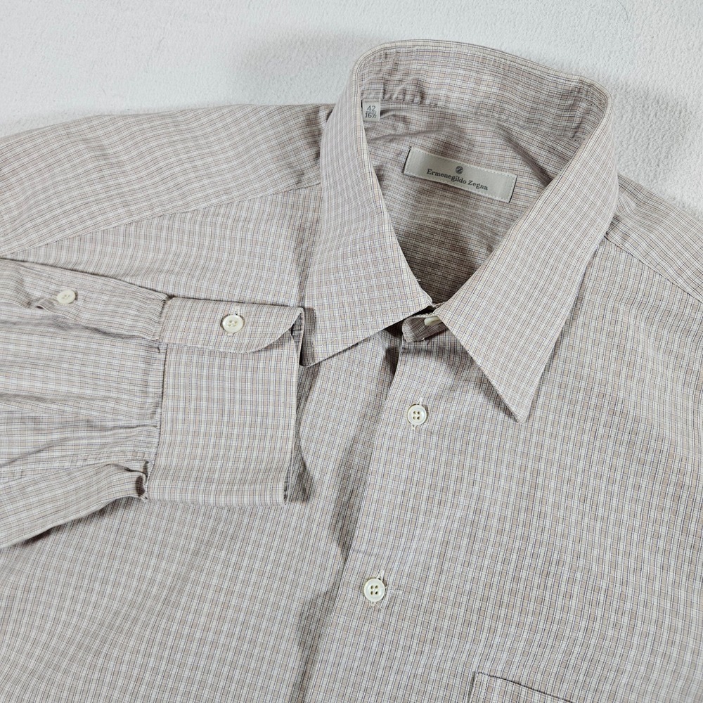 Ermenegildo Zegna Button Down Shirt Mens 16.5 Tan Blue Micro Check Long Sleeve